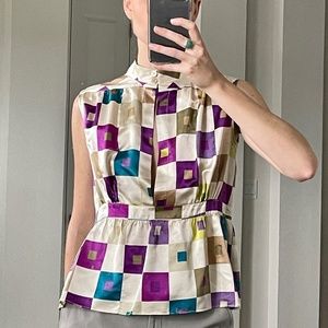 Marni Purple + Cream Geometric Silk Sleeveless Keyhole Button Neck Blouse, Small